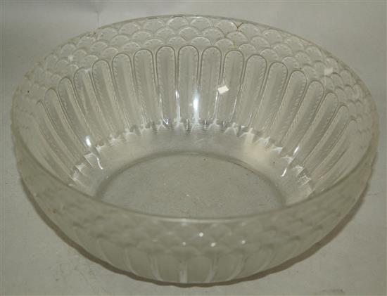 A Rene Lalique clear and frosted glass bowl, 24.5cm, rim chip